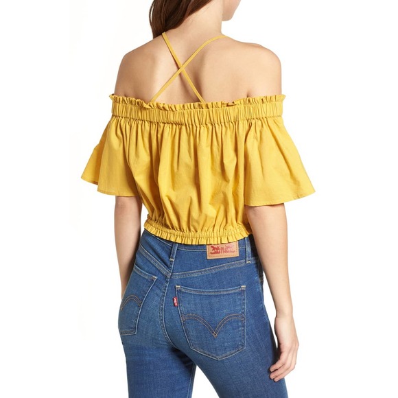 BP • Yellow Ruffle Off The Shoulder Crop Top Sz M - Picture 2 of 8